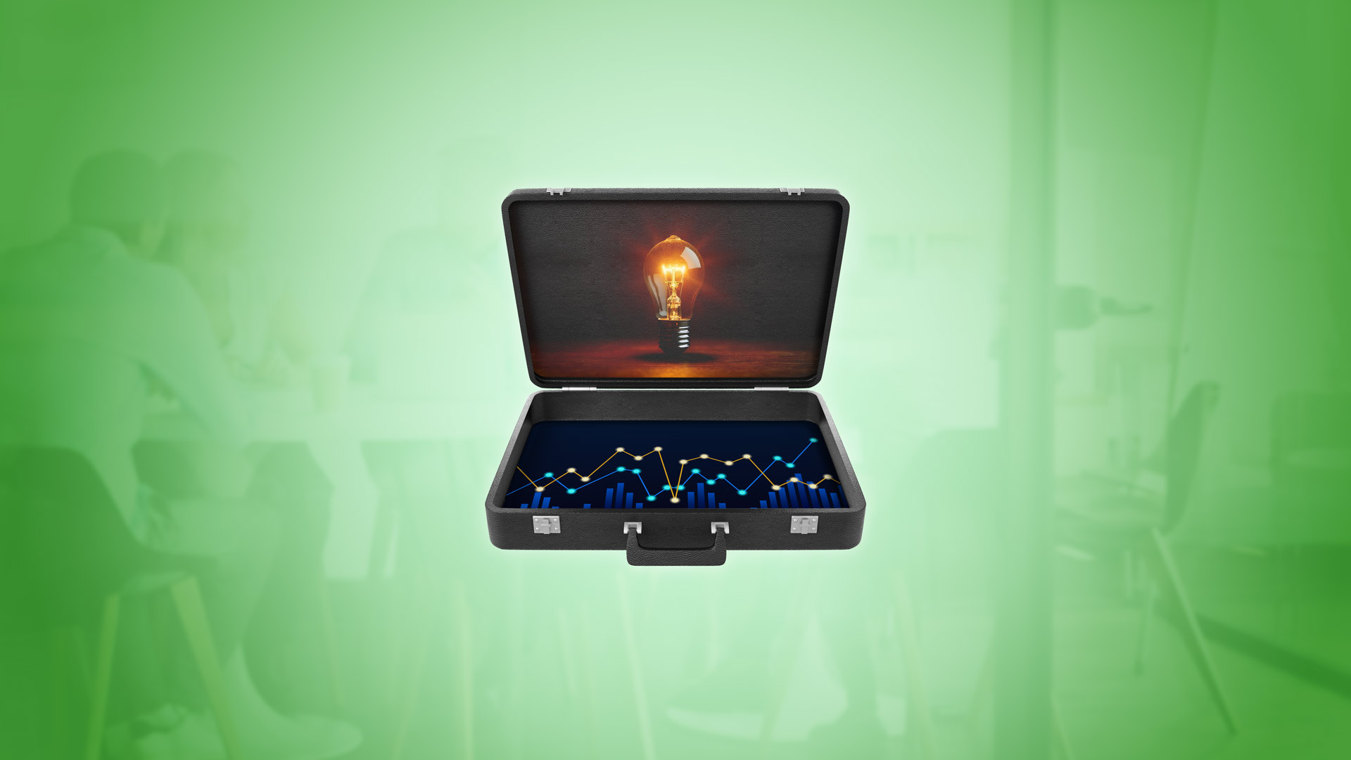 En öppen portfölj med bild av en glödlampa samt graf för att symbolisera förvaltning